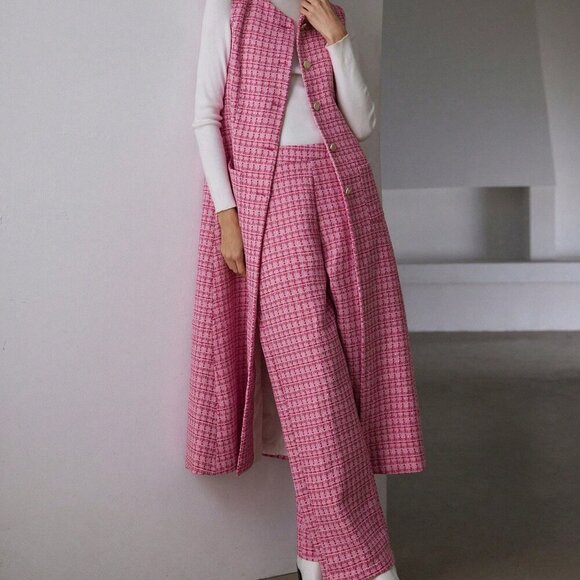 Pink Elegant Women's Tweed Long Sleeveless Cinched Waist Jacket & Pants Set - Picture 4 of 6